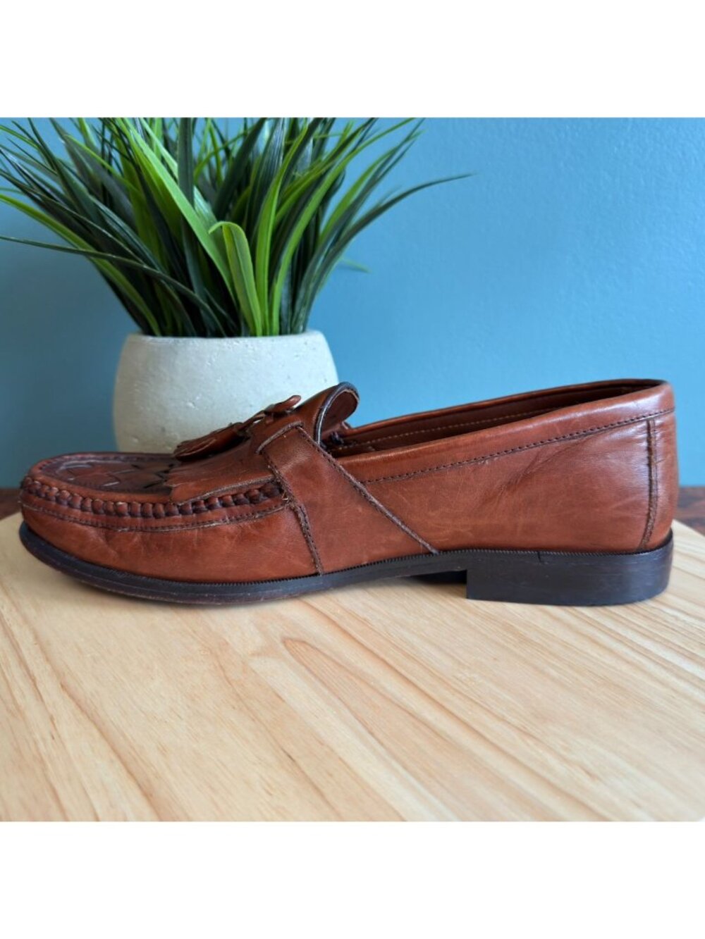 Johnston & Murphy Mens 9.5 Halsey Loafer Woven Leather Tasseled Cognac Brown - Picture 3 of 9